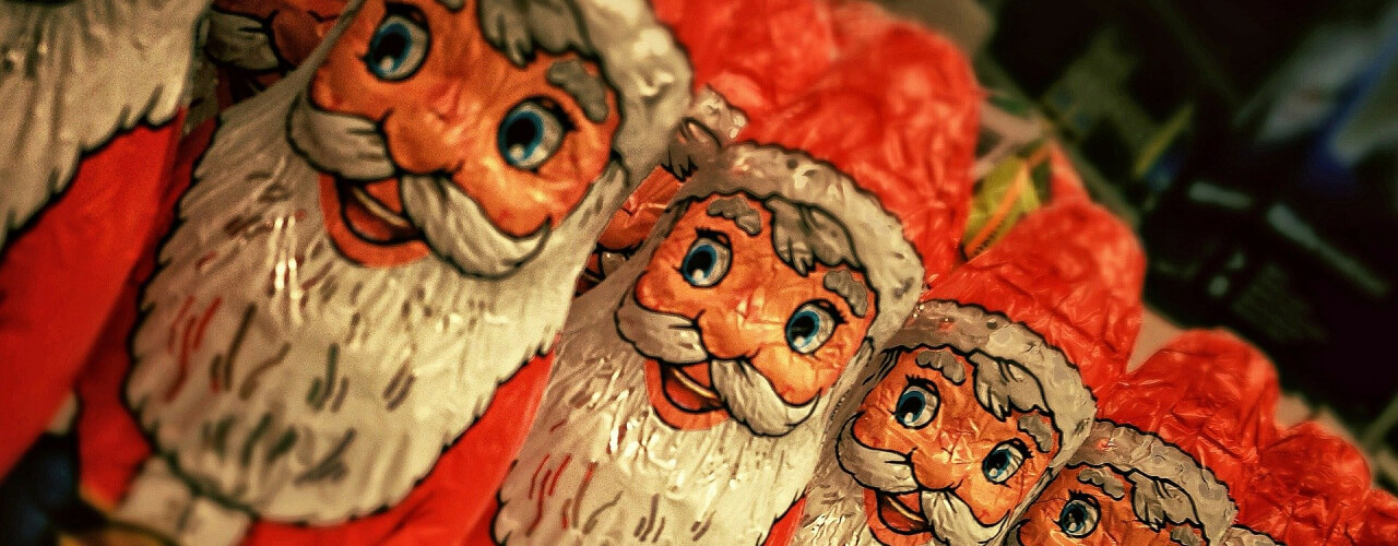 A row of Santa chocolates